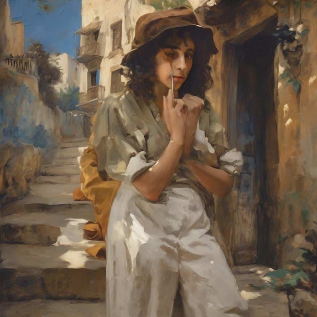 Χαριτωμένη γυναίκα με καπέλο και τσιγάρο σε παραδοσιακό σκηνικό, μέσα από ρεαλιστικό πίνακα.