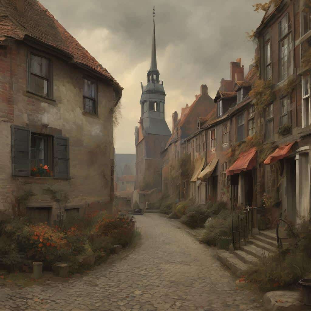 Παραδοσιακή ευρωπαϊκή γειτονιά με παλιά σπίτια και καμπαναριά, αποικιακό στιλ, τέχνη, αφηγήματα, συμβολισμός στην τέχνη, ιστορική αρχιτεκτονική.