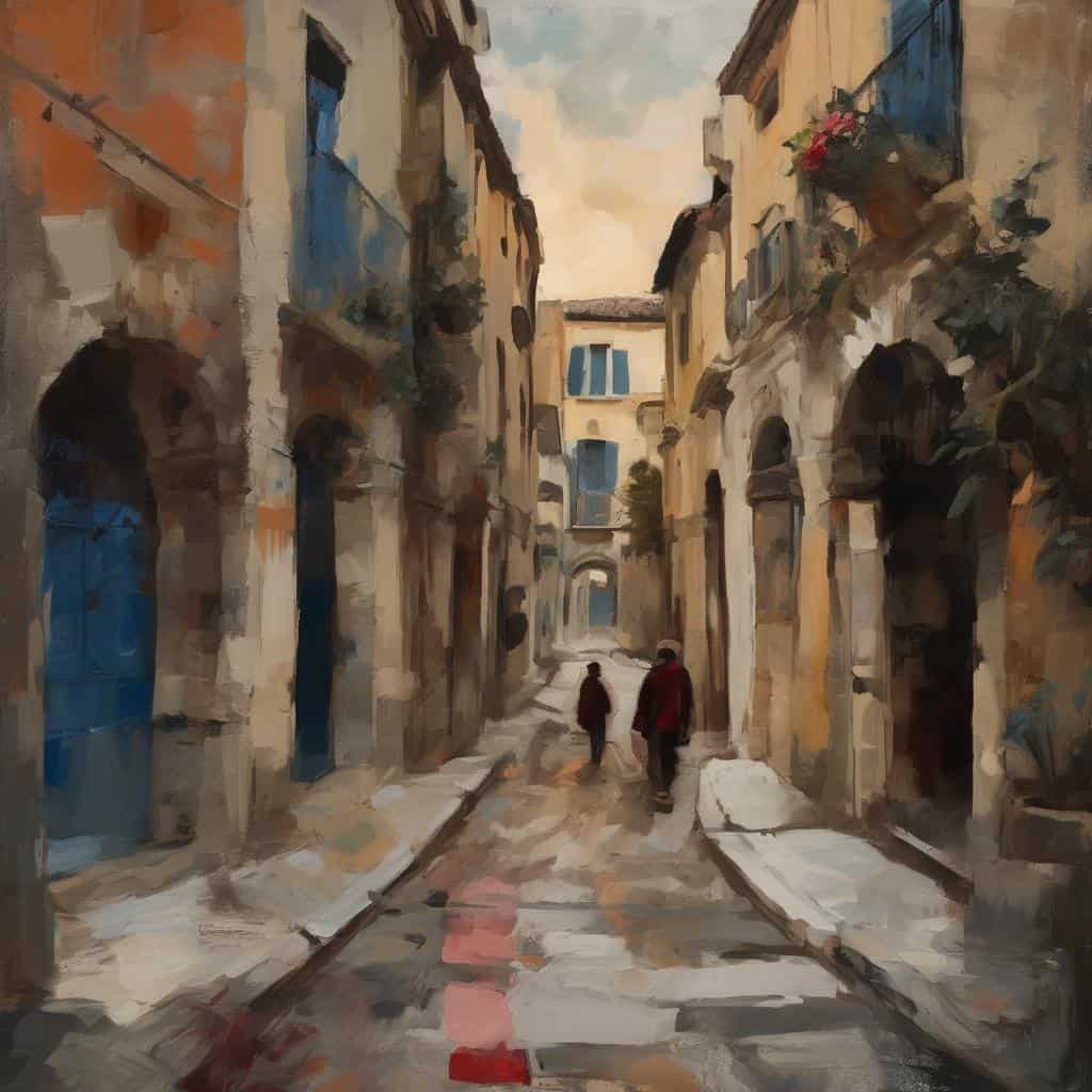 Γραφείο και συμβολισμός στην τέχνη, καλλιτεχνική αποτύπωση σε δρόμο με χαρακτικά στοιχεία, εστιάζοντας στα αφηγήματα και τη σημασία στην τέχνη.