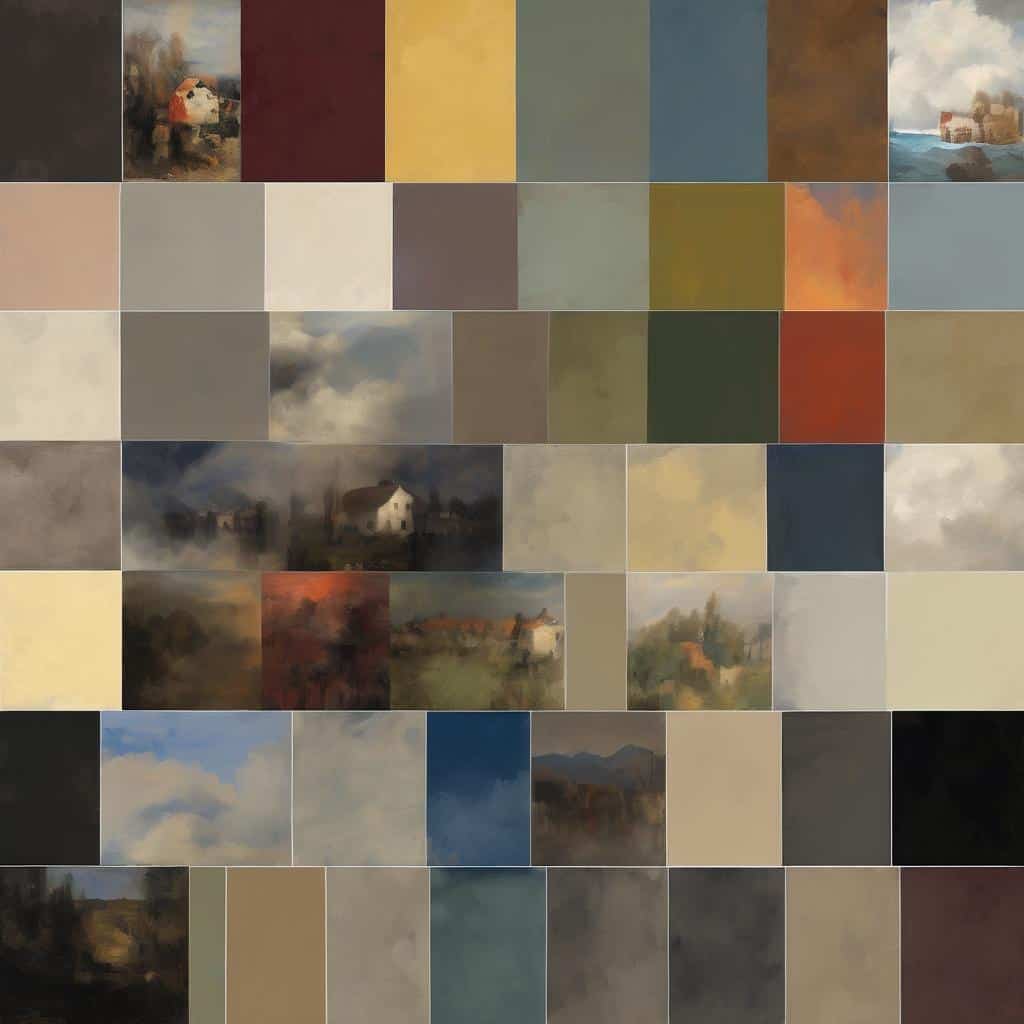 Οπτικό σύνολο με μυστηριώδη τοπία και αφηγήματα στην τέχνη, γεμάτα συμβολισμούς και φιλοσοφία.