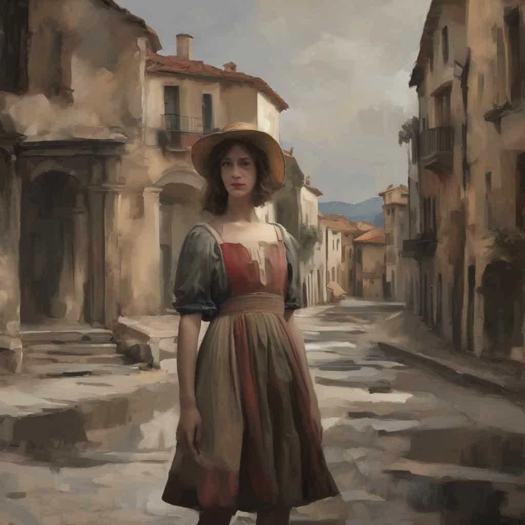 Παλιά γυναίκα σε άσχημο δρόμο στην πόλη, καλοκαιρινά ρούχα και καπέλο, εικόνα τέχνης με συμβολισμούς και αφηγηματικότητα.