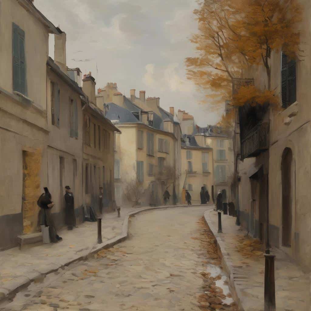 ρευνά εικόνας, καλλιτεχνικά αφηγήματα, συμβολισμός στην τέχνη, αστική τοπιο, γαλλική καθημερινότητα, ιστορική ατμόσφαιρα, ατμοσφαιρική ζωγραφική, τέχνη και ιστορία, αποτύπωση αστικών σκηνών, καλλιτεχνική εικονογραφία, ψηφιακή τέχνη, κλασική ζωγραφική, σκηνή από Παρίσι, ρεαλιστική απεικόνιση, ζωγραφική με θέμα την καθημερινότητα.