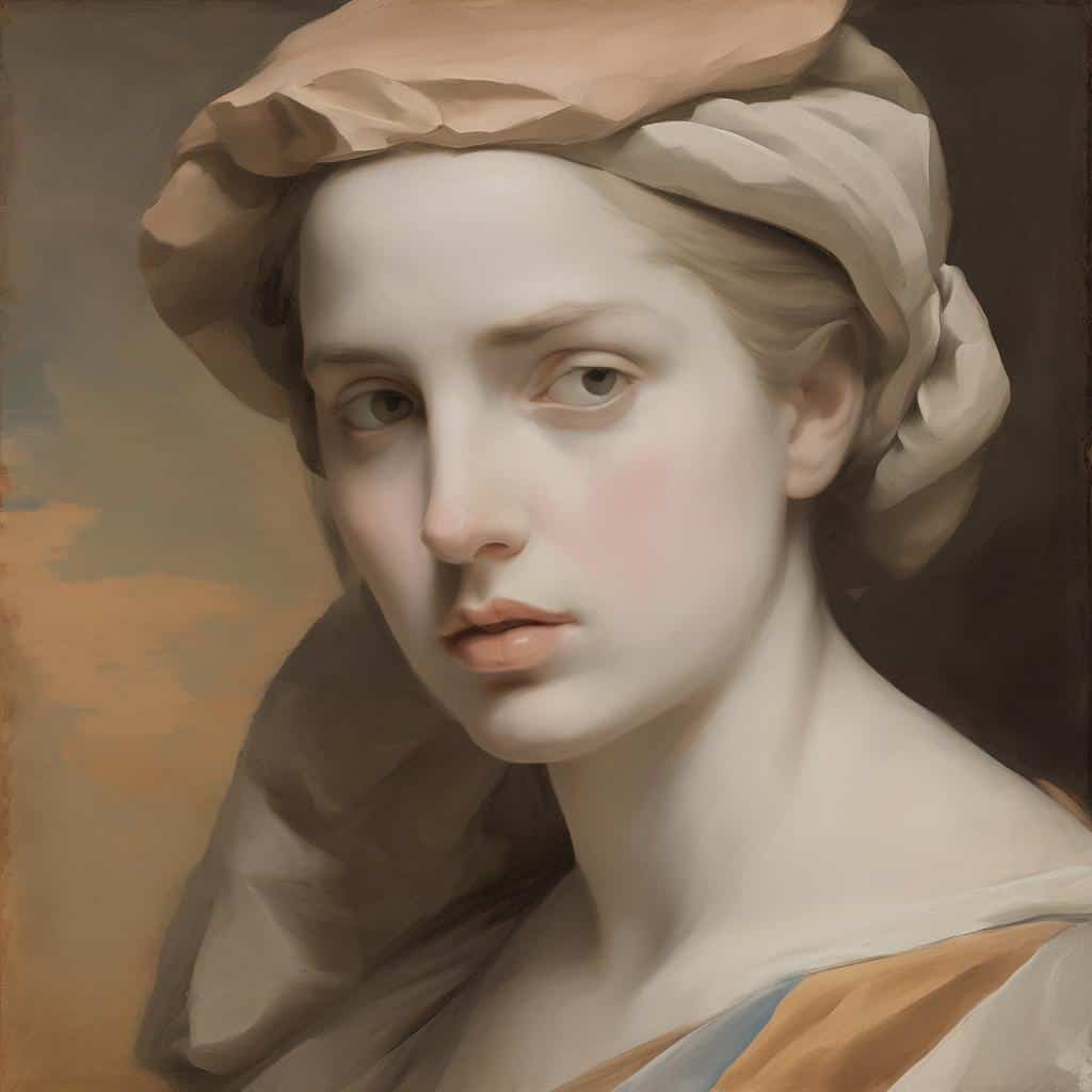 Ομορφη γυναικεία πορτρέτο, ρεαλιστική ζωγραφική με στοιχεία αφηγημάτων και συμβολισμού.